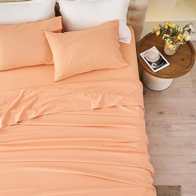 Simple&Opulence Belgian Linen Sheet Set Solid Color - 4 Pieces (1 Flat Sheet & 1 Fitted Sheet & 2 Pillowcases) Natural Flax Cotton Blend Soft Bedding Breathable Farmhouse - Peach, Full Size