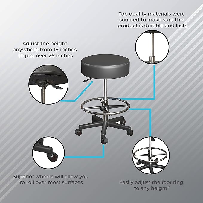 Luxton Ergonomic Rolling Stool -Double Padding and Memory Foam Adjustable Medical Spa Stool, Desk Stool Chair with Swivel Rolling Chair, Black with Wheels, Easy Set up