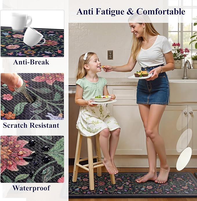 Collive Anti Fatigue Kitchen Mats, Cushioned Kitchen Rugs Set of 2 Waterproof Non Slip Desk Mat, Comfort Standing Rug Vintage Floral Carpet for Office, Sink, Laundry, 17.3"x29"+17.3"x47", Purple/Blue