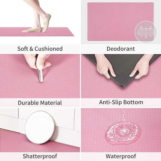 AUTODECO Kitchen Mats and Rugs Set of 2 - Cushioned Anti-Fatigue Kitchen Rug for Floor Washable 17"x29" +17"x59", PinkRed
