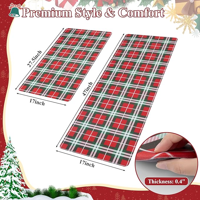 SHACOS Christmas Checkered Kitchen Rugs Set of 2 Anti-Fatigue Kitchen Mats Cushioned Christmas Kitchen Rugs Red Green Plaid Farmhouse Kitchen Mats and Rugs for Xmas 17x27.5+17x47, Red Green Plaid
