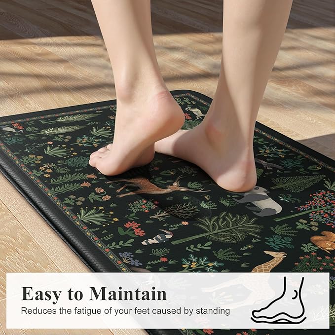 KIMODE Comfort Kitchen Mats for Floor Cushioned Anti Fatigue,Farmhouse Animal Forest Kitchen Rugs Sets of 2 Non Slip,Memory Foam Kitchen Standing Mat Laundry Sink Office Home,Black
