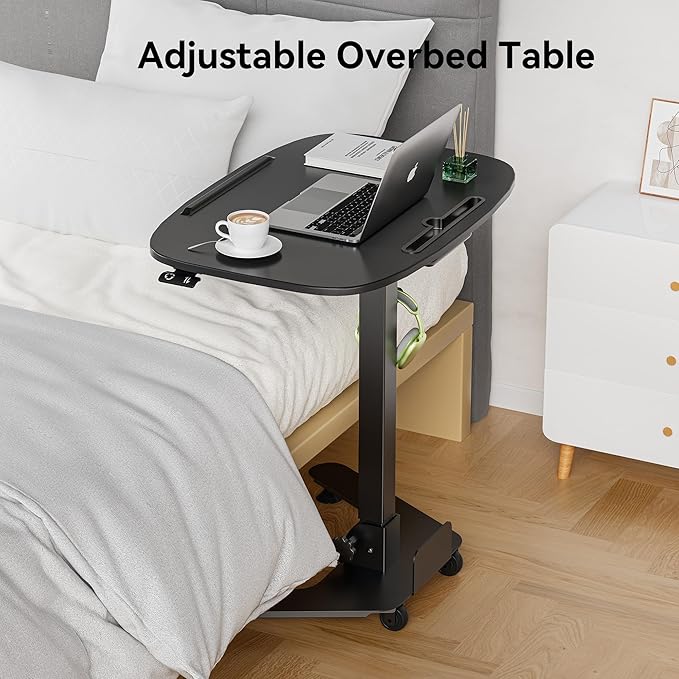 Foldable Pneumatic Height Adjustable Mobile Standing Desk with 90° Tiltable Tabletop, 27.2x18.9 Inch Portable Laptop Desk with Wheels, Holds Up to 66.1lbs for Home Office, Study, Black