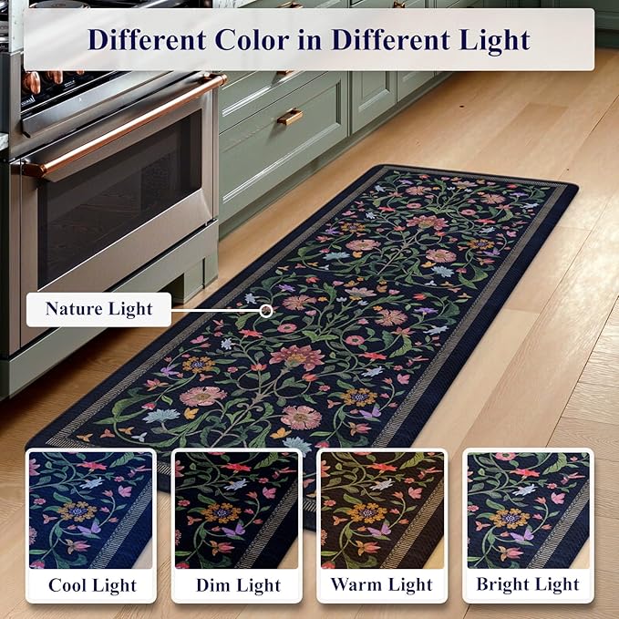 Collive Anti Fatigue Kitchen Mats, Cushioned Kitchen Rugs Set of 2 Waterproof Non Slip Desk Mat, Comfort Standing Rug Vintage Floral Carpet for Office, Sink, Laundry, 17.3"x29"+17.3"x47", Purple/Blue