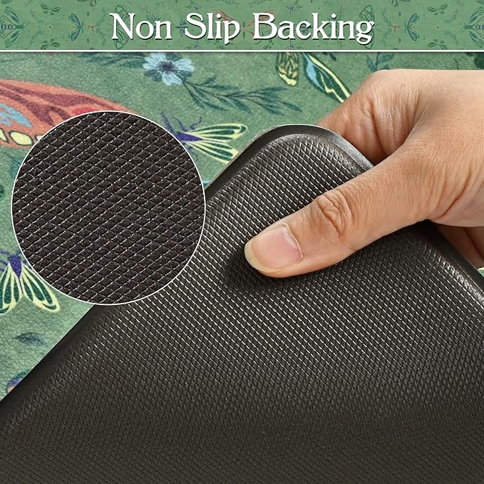 Yinhua Kitchen Rugs Sets of 3, Green Insect Kitchen Rugs Non Slip Washable, Farmhouse Anti Fatigue Mats for Kitchen Floor, PVC Waterproof Rug for Spring Summer, 18''x30''+18''x48''+18''x60''