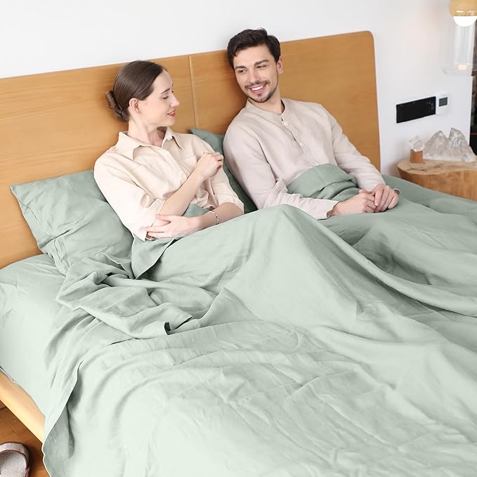 Simple&Opulence Belgian Linen Sheet Set Solid Color - 4 Pieces (1 Flat Sheet, 1 Fitted Sheet & 2 Pillowcases) Natural Flax Cotton Blend Soft Breathable Farmhouse Bedding - Full Size, Mint Green