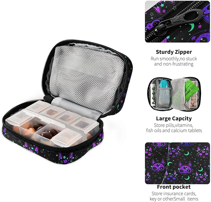 Travel Pill Organizer Bag Weekly Pill Organizer Case Goth Skull Cat Moon Portable Small Daily Pill Boxes for Vitamin Fish Oils Supplement Holder with Zipper Compact Size
