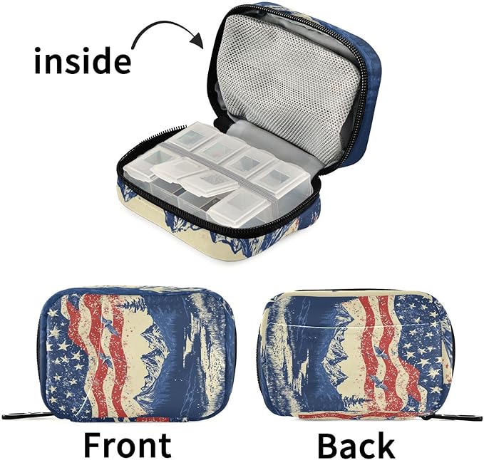 July 4th Flags Mountains Blue Travel Pill Organizer Case Box Container Weekly Portable Vitamin Medicine Holder Storage Bag with Zipper Removable
