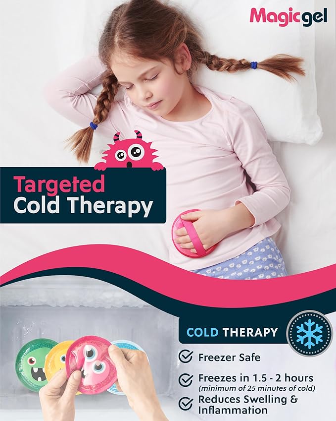 Magic Gel Kids Ice Packs for Boo Boos - Pack of 4 - Reusable Soft Ice Packs for Kids - Small Squishy Gel Pack for Baby or Toddler - Fun Cute Monster Design