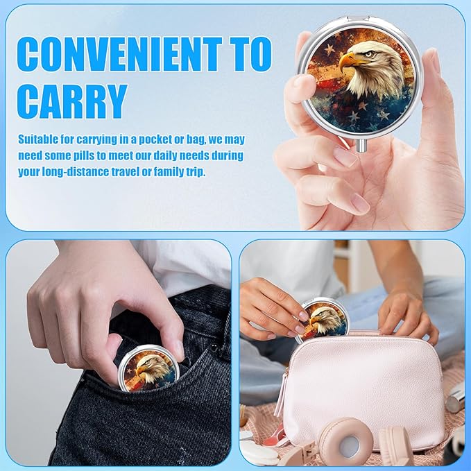 American Flag Eagle Pill Case, Pill Box 3 Compartments Metal Small Pill Holder with Mirror Mini Travel Pill Container for Purse Pocket Women Men