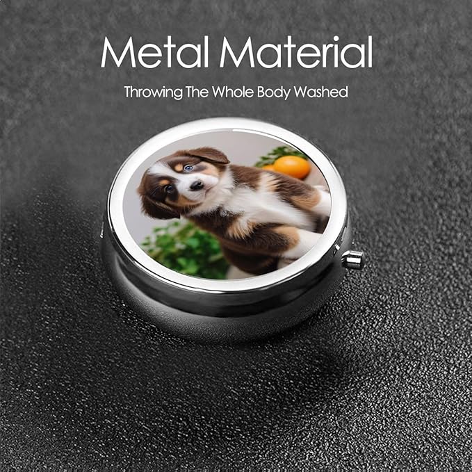 ZhongGuo Cute Dog Printed Pill Organizer,Round Travel Pill Organizer Mini Medicine Pill Box for Purse Iron Plating
