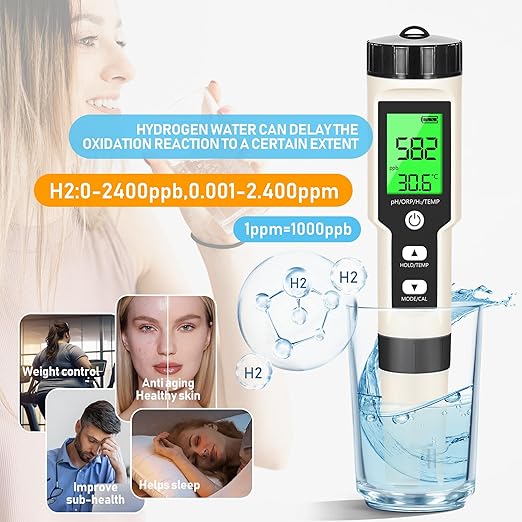 Hydrogen Water Tester 4 in 1 PH,H2,ORP&Temp,pH Meter ORP Meter Hydrogen Tester for Water with ATC & Backlight,Accurate Hydrogen Water ppb/ppm Meter