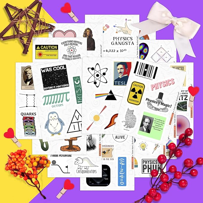 BulbaCraft Physics Stickers for Water Bottle and Laptop - Science Party Supplies & Decorations, Waterproof Vinyl Decals, Physics Formulas Stickers, Gifts for Women & Men