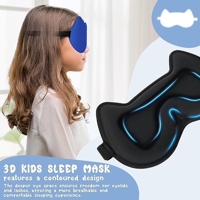 Kids Sleep Mask Eye Mask: 3D Contoured Cup Sleeping Masks, Blindfold with Adjustable Strap, Kids Eye Cover for Boys, Girls, Teens, Pressure-Free with Memory Foam Face Mask for Sleeping (Royal Blue)