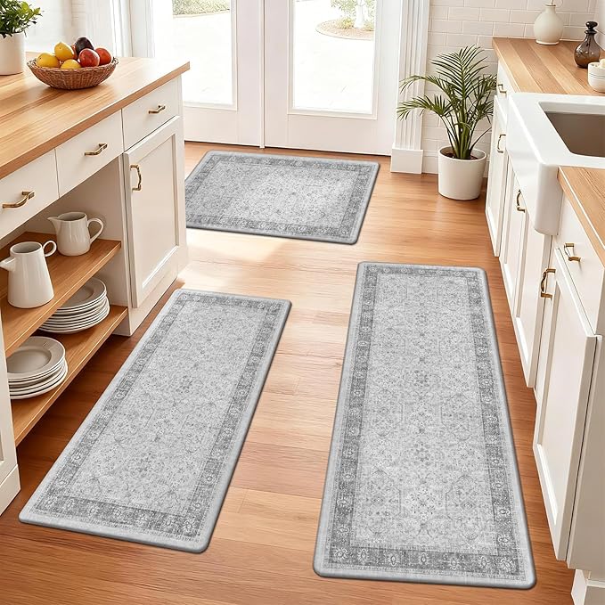 Pauwer Anti Fatigue Kitchen Floor Mats Set of 3, PVC Foam Padded Kitchen Rugs, Non Slip Cushioned Comfort Standing Mat, Waterproof Sink Rug for Small Kitchen Area, Laundry Room, Light Grey