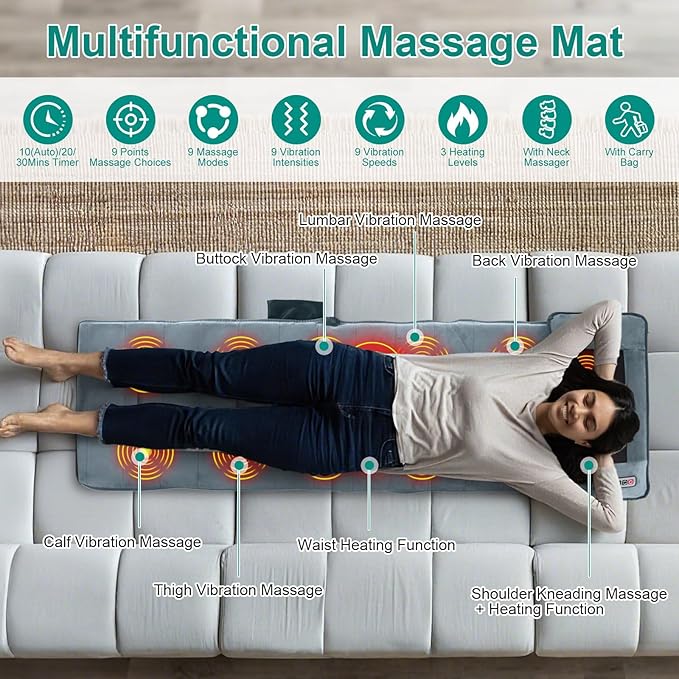 Full Body Massage Mat with Heat, 10 Vibration Nodes Massage Chair Pad with 3 Heating Levels, Anti-Slip Bottom, Relaxation Seat Back Massager with Head Neck Pillow for Home Office