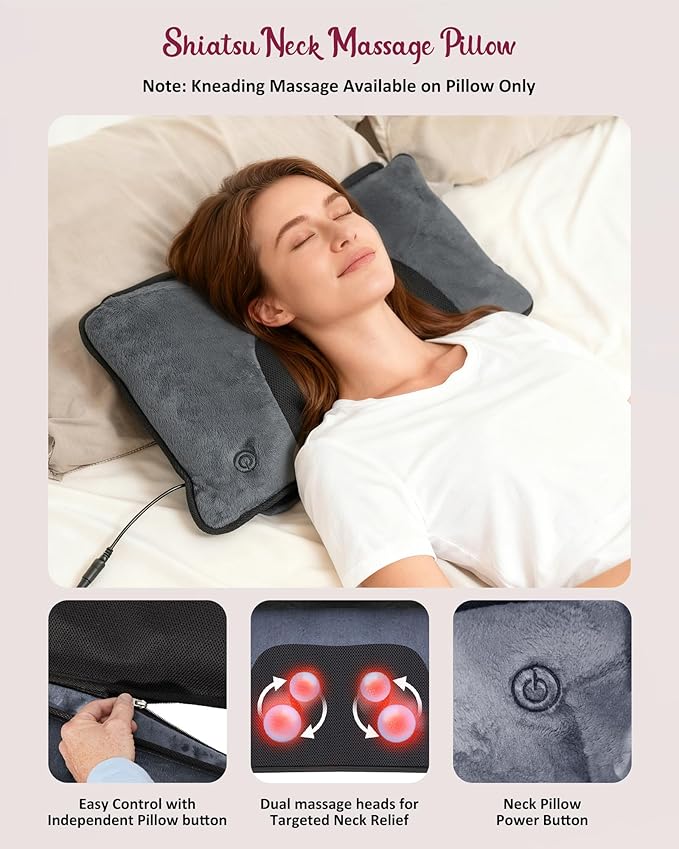 Full Body Massage Mat with Heat, Independent Shiatsu Neck Massager Pillow, 10 Vibration Motors, 5 Modes & 3 Intensities, Foldable Back Massage Pad with 15-Min Auto Off for Home & Office