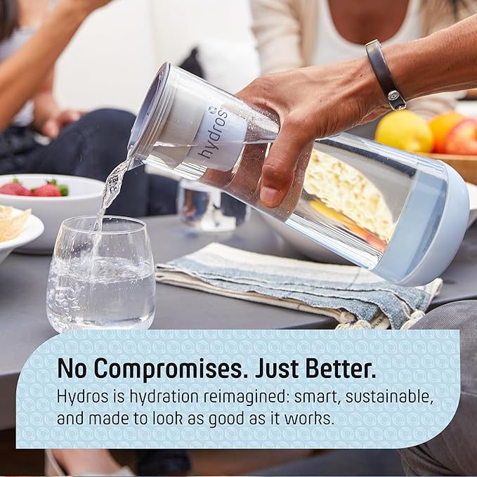 Hydros Water Filter Pitcher, 40 oz Slim Design, Patented Fast Flo Tech, Dishwasher Safe, Fills in Just 40 Seconds, BPA Free, 5 Cup Capacity, Blue