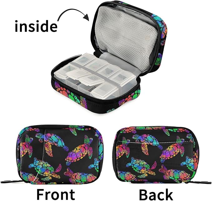 Pill Box Boho Sea Turtle with Lotuses and Mandala 7 Day Pill Case Travel Pill Organizer Bag with Zipper Portable Weekly Vitamin Medicine Supplement Holder Pouch Bag