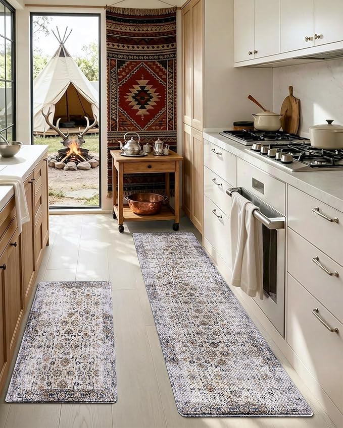 LUMI Anti-Fatigue Kitchen Floor Mats Set of 2,Cushioned Comfort Standing Rug Waterproof 2PCS, Non-Slip Ergonomic Foam Runner for Sink, Laundry, Office & Home,17x29+17x59,Fog Nest