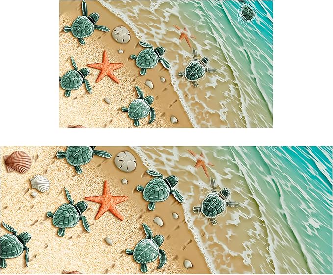 Beach Kitchen Rugs 2 Piece Set for Dog Sea Turtle Floor Mat, Nautical Rug Non Skid Washable Absorbent Nautical Kitchen Mat for in Front of Sink for Standing for Coastal Kitchen Decor 17"X30"+17"X47"