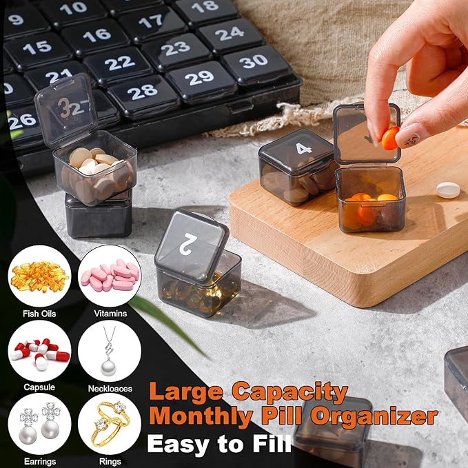 Bokon 3 Pcs Monthly Pill Organizer - 30 Day Medicine Box, 4 Weeks Storage Container, Once a Day Medication Dispenser for Travel, Black