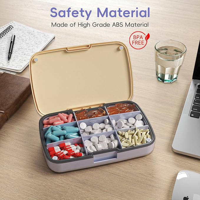 9-Compartment Magnetic Pill Organizer - Daily Pill Case with Adjustable Compartments, Waterproof Silicone Seal for Travel, Home & Office Use (Blue)