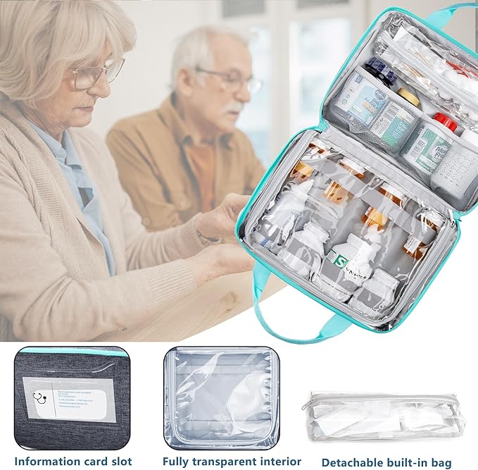 BAGSFY Medicine Bag for Traveling, Pill Bottle Organizer Storage, Large Medication Travel Case, Pills Box for Vitamin, First Aid Kit Bags Empty. (Comes with Weekly Pill Organizer)