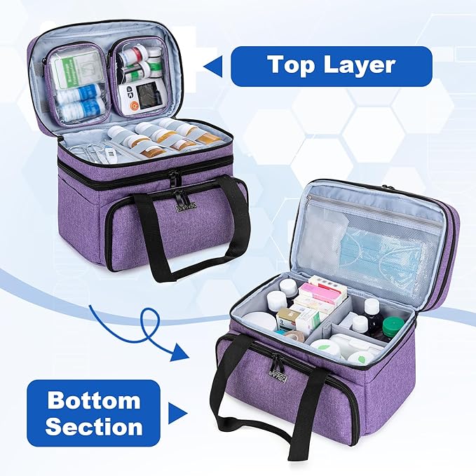 BAFASO Double Layer Medicine Bag with 2 Detachable Pouches, Pill Bottle Organizer for Travel and Daily Use (Bag ONLY), Purple