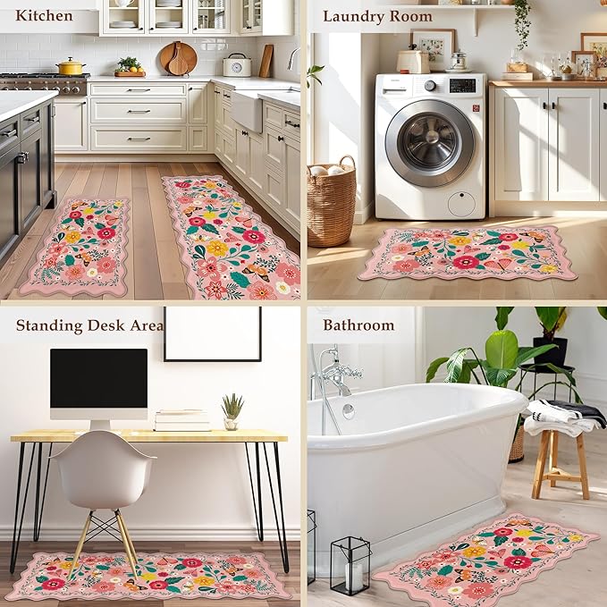 Scalloped Pink Valentines Kitchen Mats for Floor 2PC Cushioned Anti Fatigue Kitchen Mats Rugs Waterproof Non Slip Farmhouse Boho Floral Comfort Foam Standing Mat for Sink Laundry