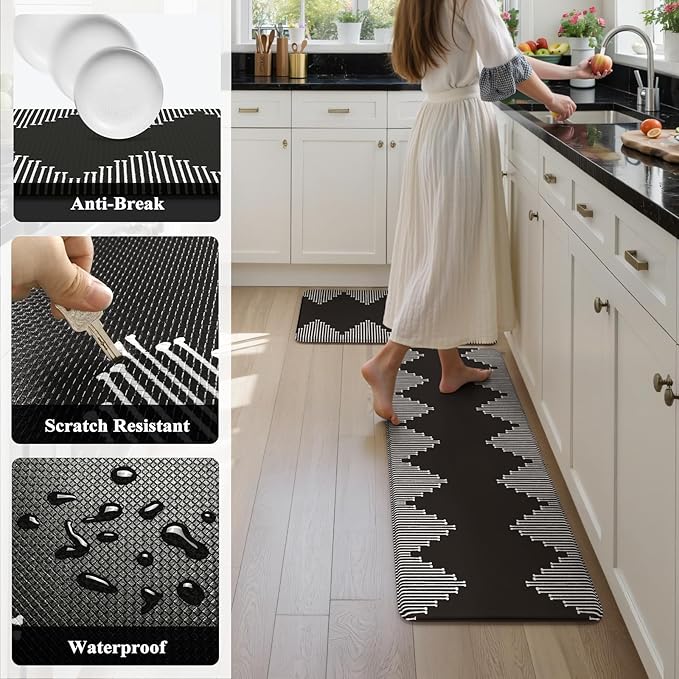 KIMODE Anti Fatigue Kitchen Mats, Black Kitchen Rugs, Padded Kitchen Mat for Floor, Comfort Foam Standing Desk Mat, Cushioned Kitchen Mats for Floor 2 Piece for Laundry Office Sink 17"x47"+17"x29"