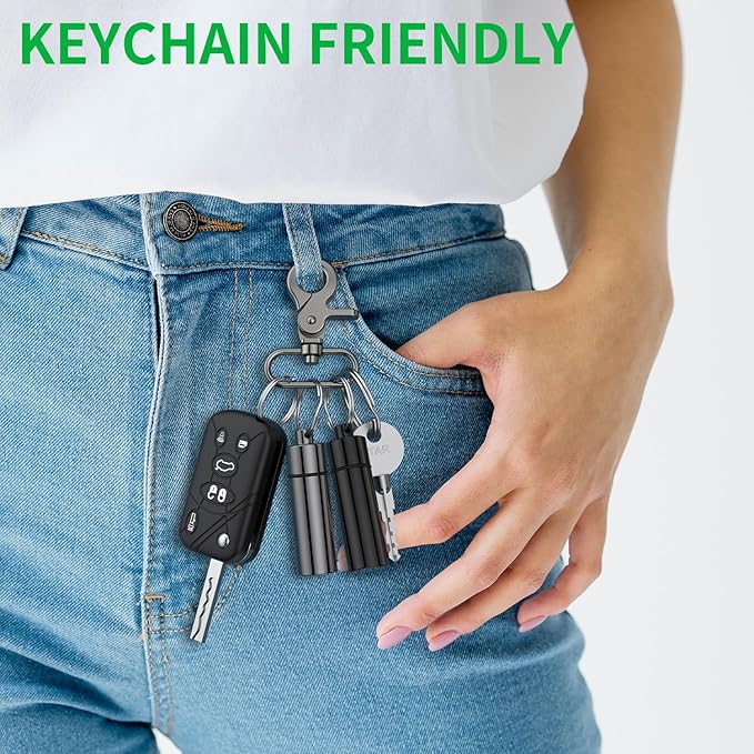 Small Pill Box,(2 Pack+2*Carabiner Clips) Keychain Pill Holder Portable Mini Travel Pill Container Metal Case Bottle with Keyring