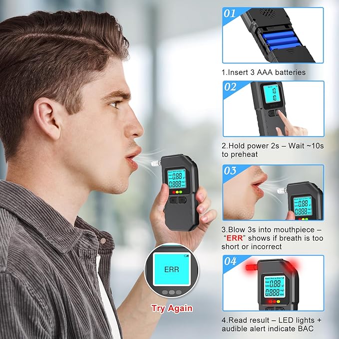 Breathalyzer Alcohol Tester – Portable BAC Device with Digital Display, Includes 20 Mouthpieces, Accurate Personal Breathalyzer for Party, Driving, and Safety, Compact, Easy to Use
