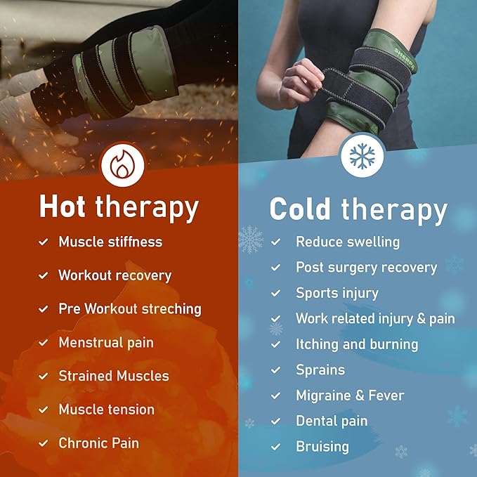 Medium Gel Ice Packs for Injuries Reusable Wrap with Straps - Hot and Cold Pack for Pain Relief, Tennis Elbow, Ankle, Foot, Hand - 8" x 12" - Green