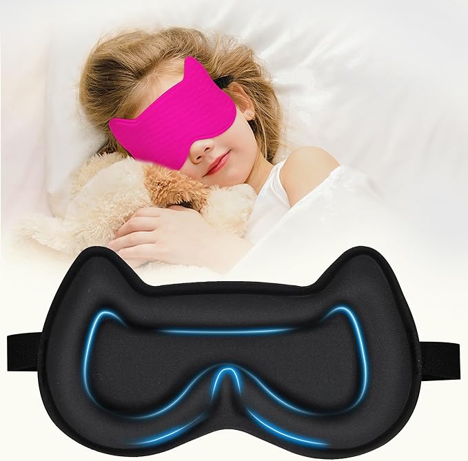 Kids Sleep Mask Eye Mask: 3D Contoured Cup Sleeping Masks, Blindfold with Adjustable Strap, Kids Eye Cover for Boys, Girls, Teens, Pressure-Free with Memory Foam Face Mask for Sleeping (Rose Red)