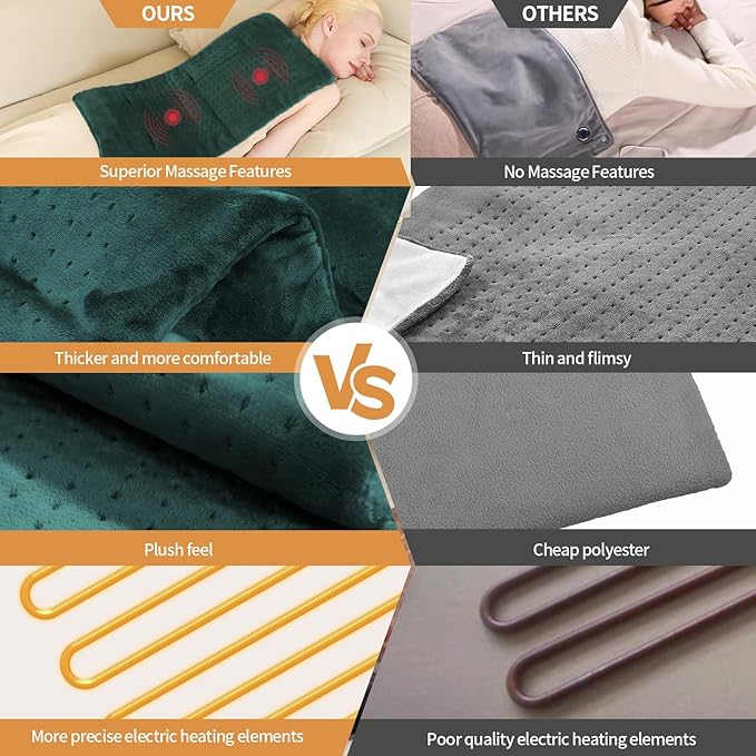 Massaging Weighted Heating Pad - Electric Heating Pad for Back Pain Relief with Massager, 3 Heat, 6 Massage, Auto Off, Extra Large Vibrating Heat Pad for Shoulder Neck (Hunter Green, 12"×24")