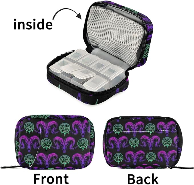 Travel Pill Organizer Bag Weekly Pill Organizer Case Goth Skull Portable Small Daily Pill Boxes for Vitamin Fish Oils Supplement Holder with Zipper Compact Size