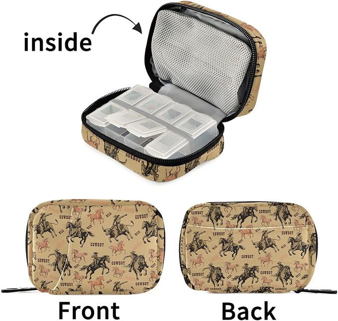 Western Cowboy Pill Box 7 Day Pill Case Travel Pill Organizer Bag with Zipper Portable Weekly Vitamin Medicine Supplement Holder Pouch Bag