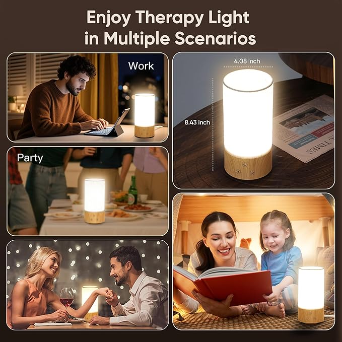 Light Therapy Lamp, Happy Lamp 10,000 LUX UV Free with 3 Color Temperature & 5 Brightness Level, Full Spectrum Light Wood Base Round Flaxen Fabric Shade for Living Room, Desk, Office