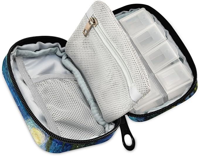 Starry Night Pill Organizer Case Oil Painting 7 Day Travel Pill Box with Zipper Portable Weekly Vitamin Medicine Supplement Holder Pouch Bag
