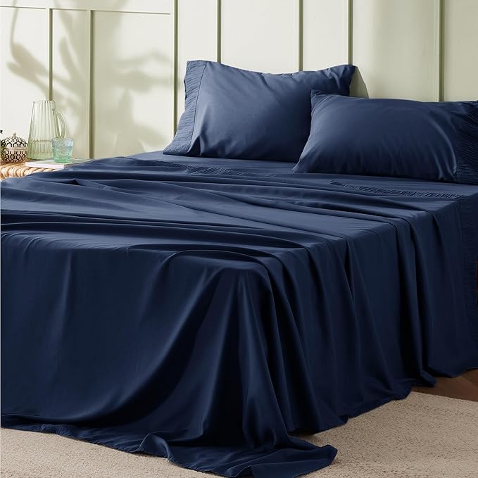 Bedsure Queen Sheet Set - 4 Pieces Soft Queen Size Sheets - Breathable & Cooling - Hotel Luxury - Easy Care Polyester Microfiber Bedding for Women, Men, Navy