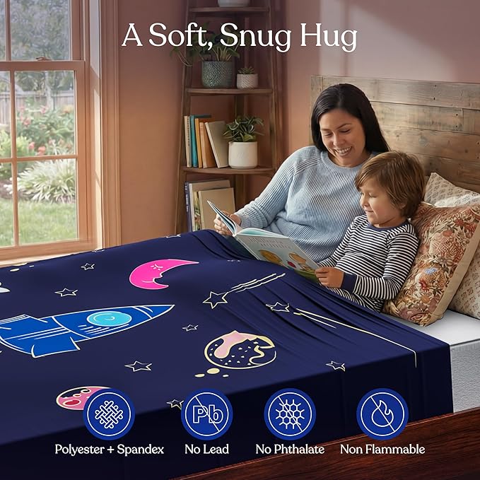 Deep Pressure Sensory Bed Sheet – Queen Sensory Compression Sheet Breathable Sleep Pod Blanket for Better Sleep Support – Calming Compression Blankets for Kids and Adults Rocketship Design