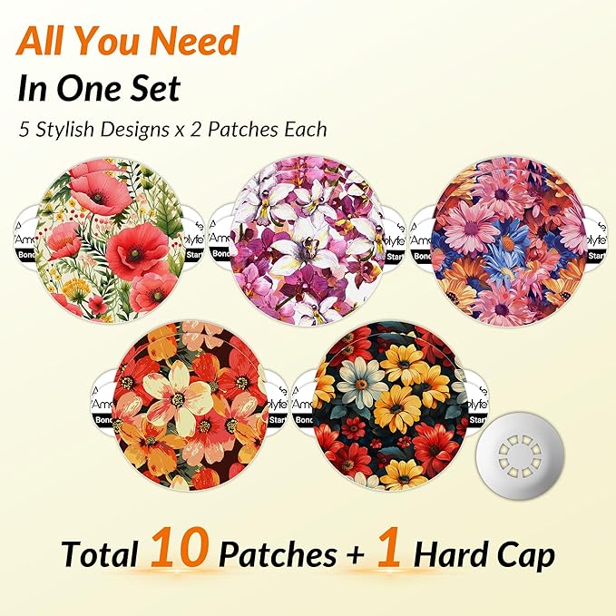 Libre 3 & Plus Sensor Covers Waterproof, Amolyfe 10 Pack Freestyle Libre 3 Sensor Covers, Bump-Proof with Hard Cap for Free Style Glucose Sensor, Easy-Peel Tab 14-Day Protection (Tropical Flower)