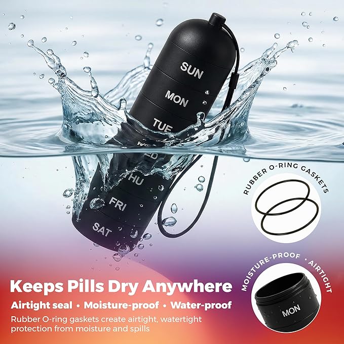 Metal Moisture-Proof 7 Day Pill Organizer - Aluminum Alloy Weekly Pill Box with Airtight O-Ring Seals, Large Stackable Compartments, Durable BPA-Free Medicine Case for Travel, Vitamins & Supplements