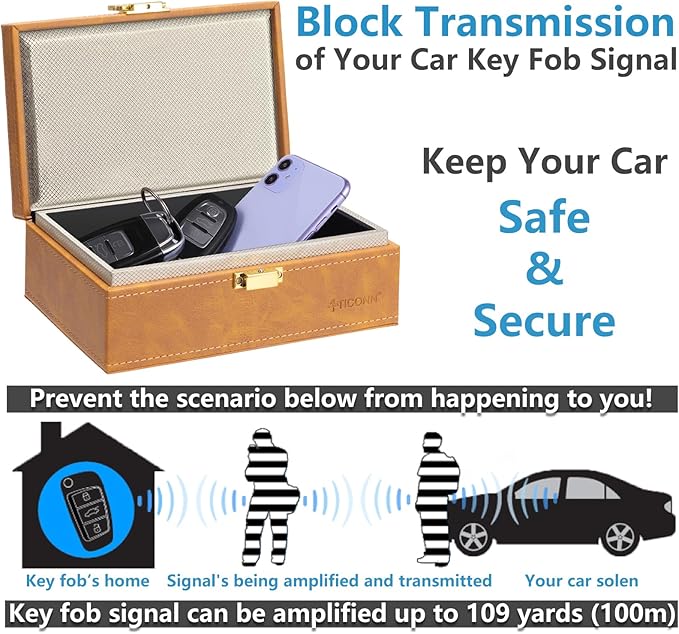 TICONN Faraday Box, Car Key Fob Protector, PU Leather Faraday Cage Signal Blocker for Keyless Fob, RFID Signal Blocking Pouch Cage (Yellow Slim)