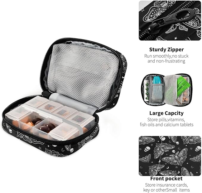 Travel Pill Organizer Bag Weekly Pill Organizer Case Goth Moth Skull Moon Esoteric Portable Small Daily Pill Boxes for Vitamin Fish Oils Supplement Holder with Zipper Compact Size