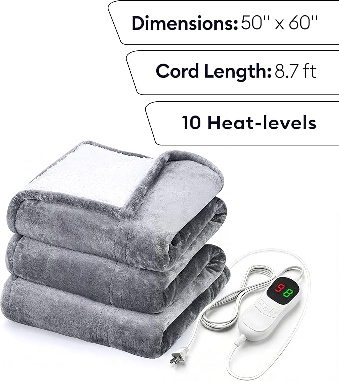 GENIANI Heated Blanket Electric Throw 50"x60" – Safe Electric Heating Blanket with Auto Shut-Off & Overheat Protection, 10 Heat Settings, Washable Heated Throw for Couch, Bed, Office & Dorm