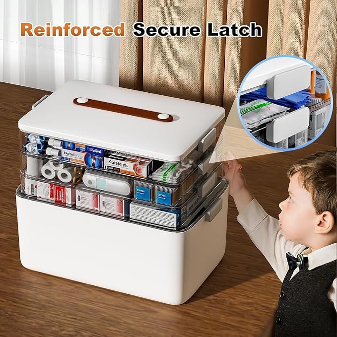 funest 4-Tier XL Medicine Organizer with Leather Handle - Portable Pill Case & Empty First Aid Kit with Removable Trayfor Home, Travel, RV, School, Dorm, White