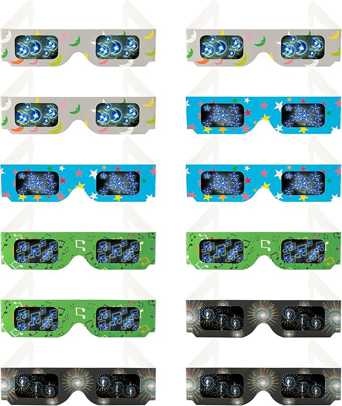 12 Packs Cardboard 3D Diffraction Glasses Fireworks Glasses for Christmas Lights/Parties/Raves/Music Festivals/Light Shows/Fireworks (Moon/Music Symbol/Star/Spiral)