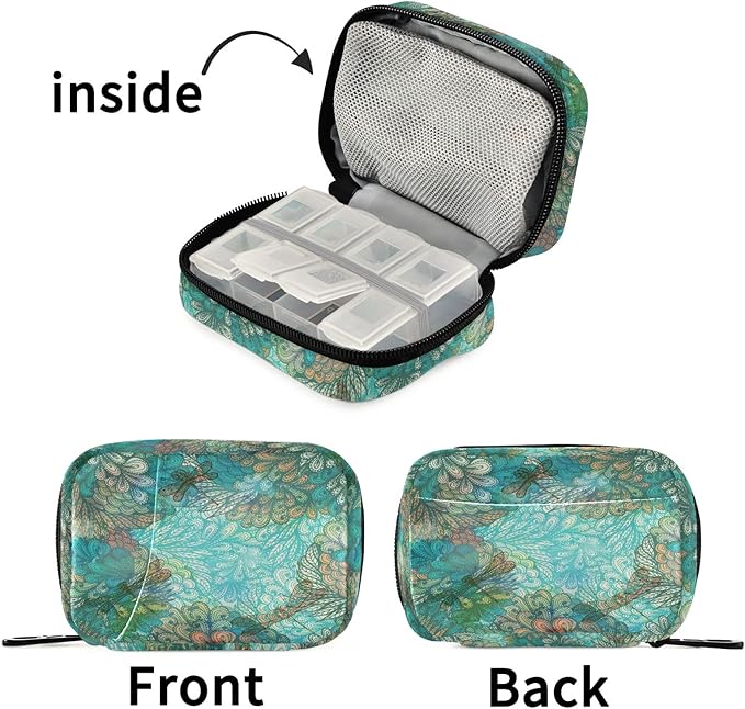 Fantasy Dragonfly Pill Box 7 Day Pill Case Travel Pill Organizer Bag with Zipper Bag Portable Weekly Case Compact Size for Vitamin Supplement Holder